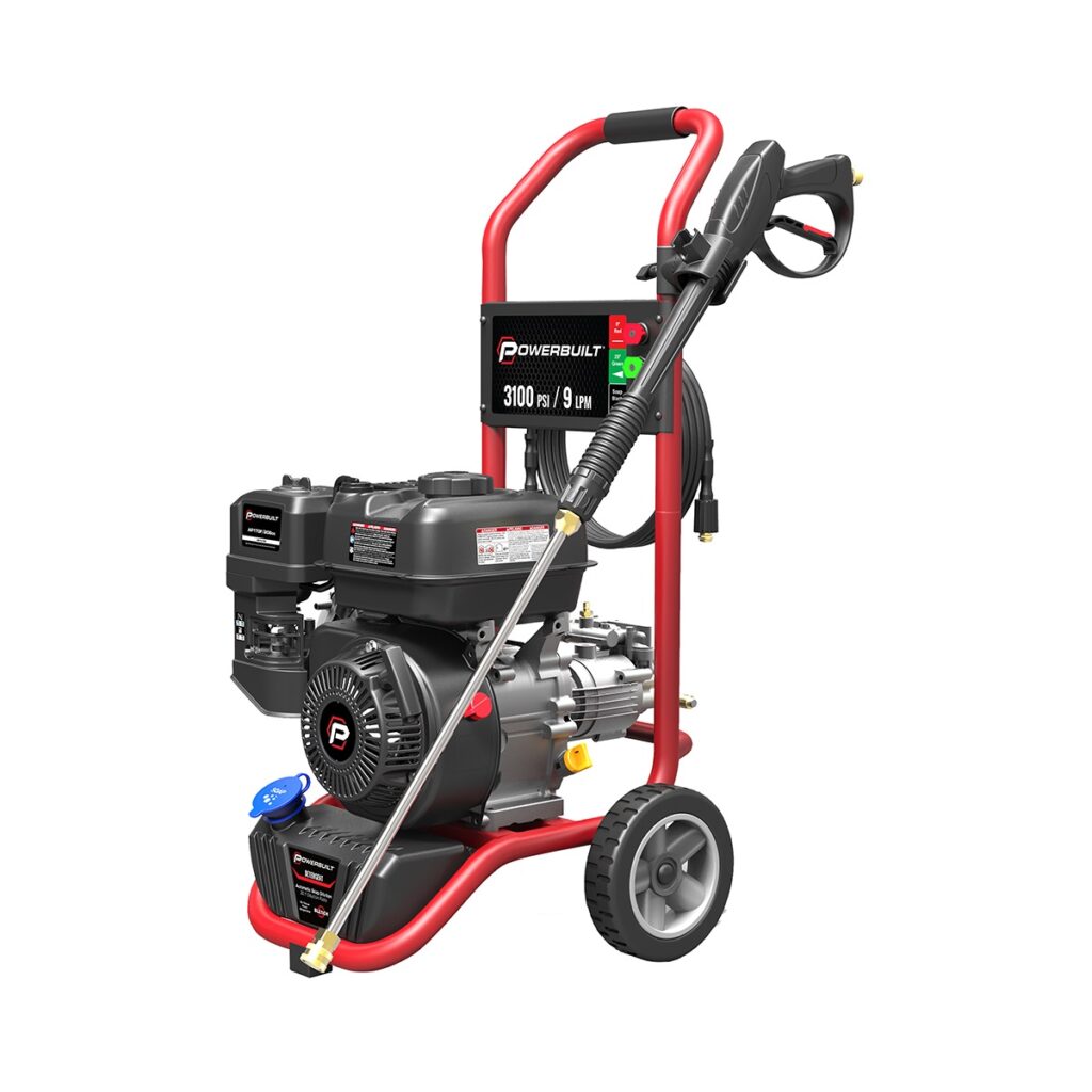 Powerbuilt petrol pressure washer with red frame and black engine.