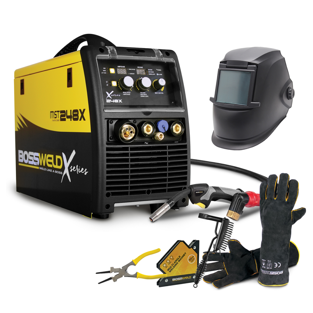 Bossweld welding start kit, welder, welders mask, welders glove, pliers.