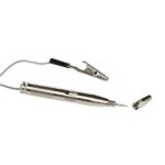 Toledo circuit tester with metal probe, insulated cable, alligator clip, and screw-on cap, laid out on a white background.