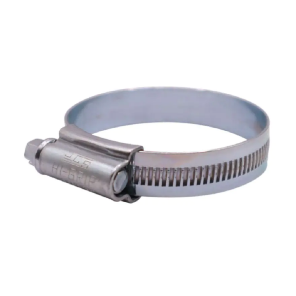 Stainless steel hose clamp with worm gear mechanism, used for securing hoses in automotive and plumbing applications.