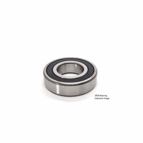Close-up of a 2RSR ball bearing with metal housing and rubber seals, designed for smooth rotational performance in automotive and industrial machinery