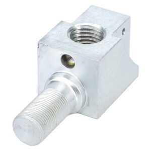 Zinc-plated hydraulic mounting block with threaded port and side bolt hole, designed for secure and stable connection in hydraulic systems.