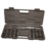 Slide hammer puller set in a hard plastic carrying case, featuring a chrome slide hammer and multiple black puller attachments for removing bearings, gears, and other press-fitted parts.