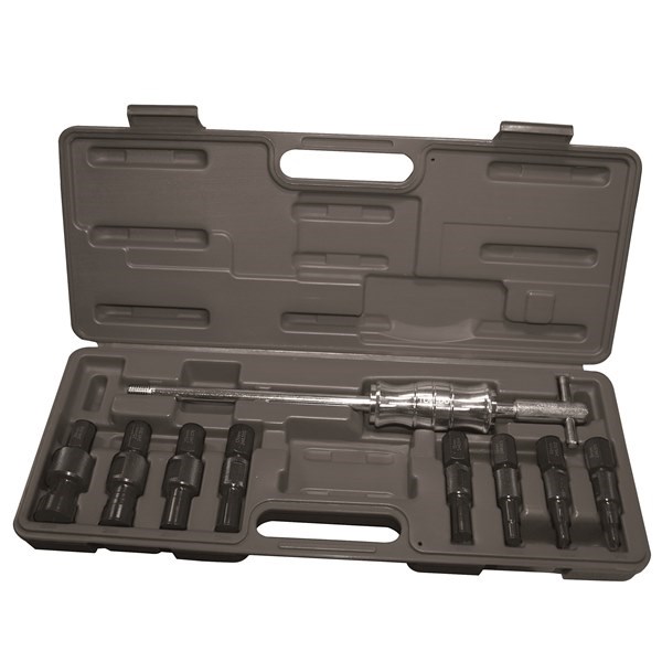 Slide hammer puller set in a hard plastic carrying case, featuring a chrome slide hammer and multiple black puller attachments for removing bearings, gears, and other press-fitted parts.