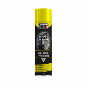 Chemz Ezy Shine Wet Look Tyre Shine aerosol can with yellow cap and black label. Designed to clean and provide ultra high-gloss shine to tyres, mudflaps, and bumpers
