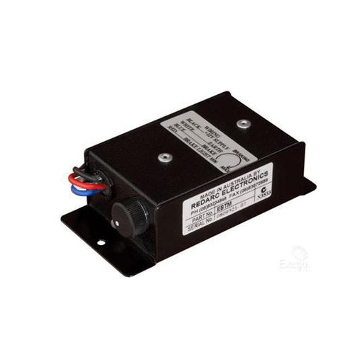 Black electronic brake controller unit with wiring leads and a control knob, manufactured by Redarc Electronics for trailer brake systems.