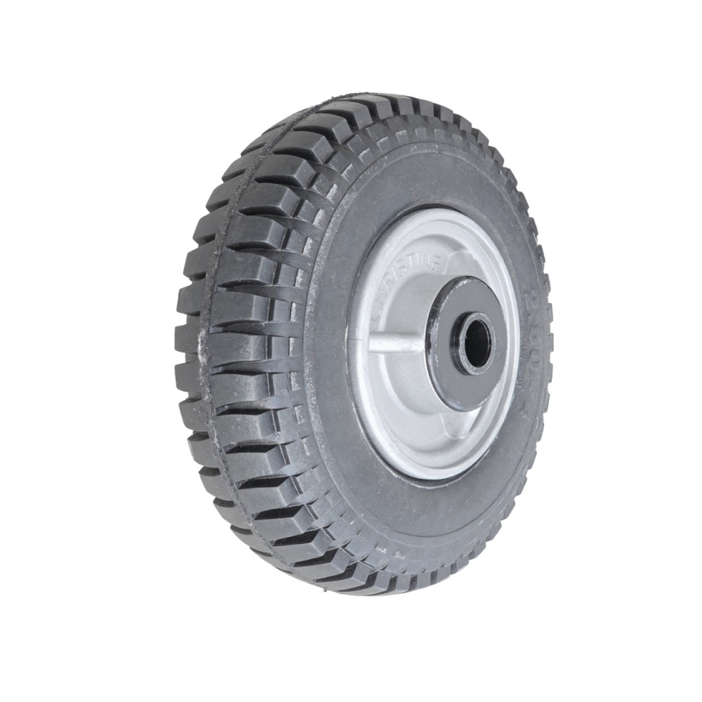 Solid rubber wheel with a heavy-duty tread pattern and metal hub, designed for carts, trolleys, or industrial equipment.