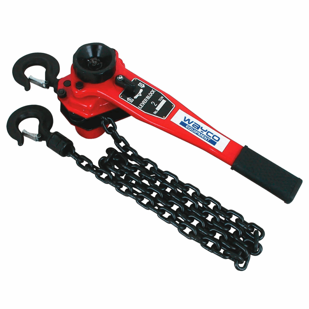 Wayco lever block hoist with a red handle, heavy-duty black lifting chain, and safety latch hooks, designed for manual lifting and tensioning tasks.