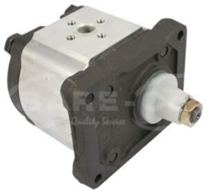 Hydraulic gear pump with metal body and mounting plate, featuring threaded shaft and durable black casing for use in industrial and machinery applications."